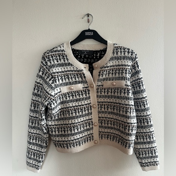 Primark Cropped White & Black Knit Cardigan – Gold Button Accents, Size M - Picture 4 of 6